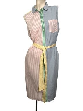 J.Crew Re-Imagined Size 14  Stripe Shirt Dress Belted Sleeveless Midi Preppy